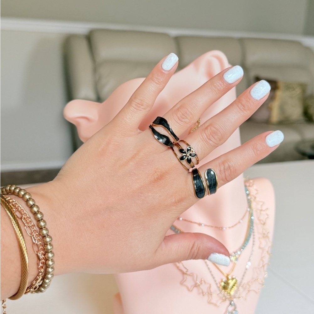 Gold Clover Flower Ring with Black Enamel Accent - Picture 9 of 9